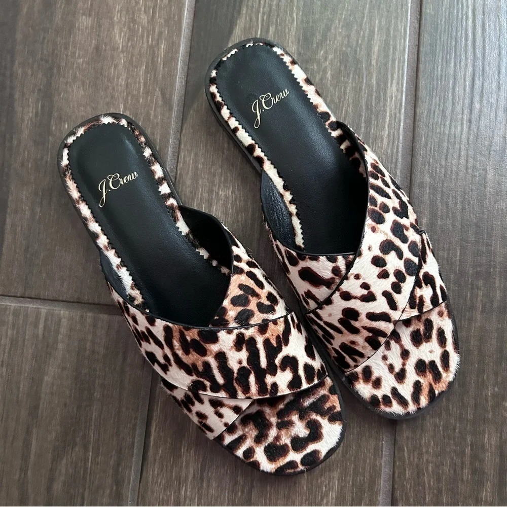 J. Crew Wide Cross Trap Ingrid Sandal Leopard Calf Hair Sz 7